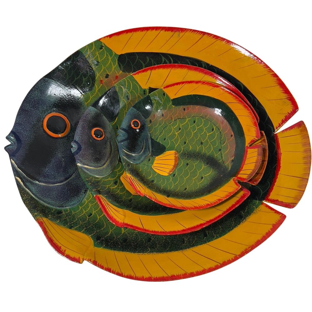 Handpainted Colorful Fish Plates Set of 3 S/M/Lge Perch Flounder Snack Trays